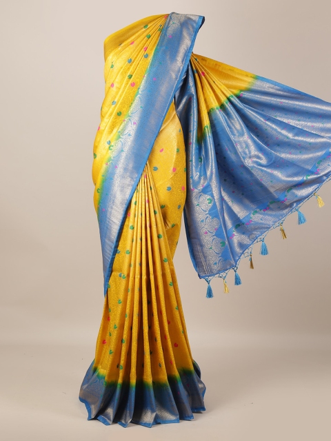Pothys Yellow & Blue Jute Silk Woven Design Saree