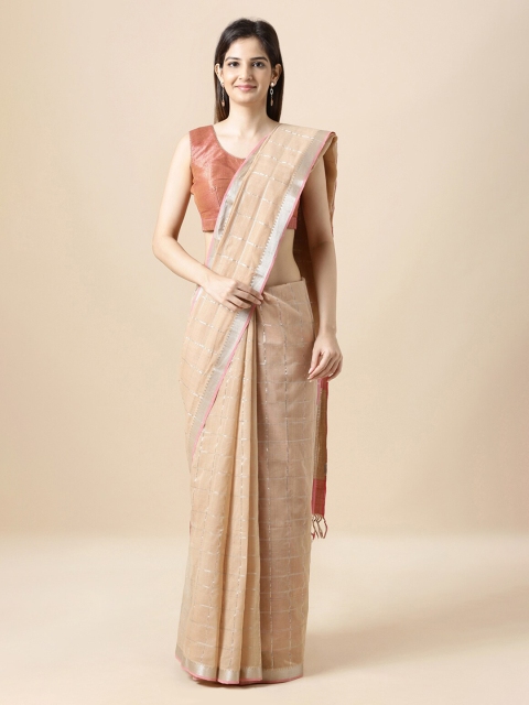 Taneira Beige & Pink Pure Cotton Checked Mangalagiri Handloom Saree