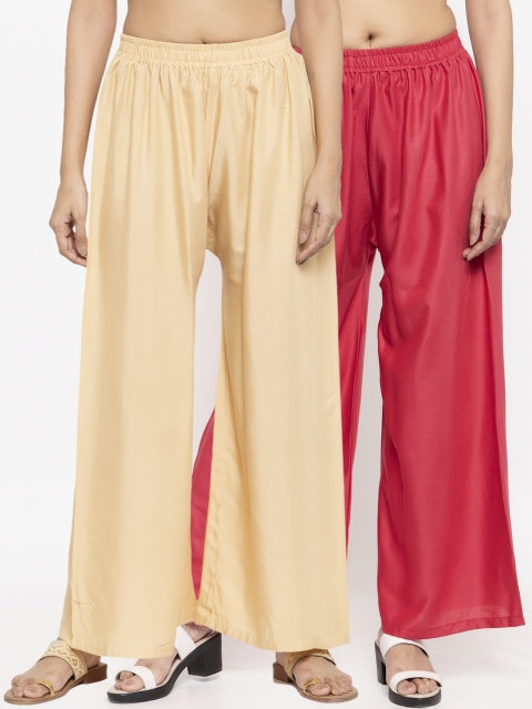 NEUDIS Women Pack Of 2 Solid Flared Palazzos, Beige