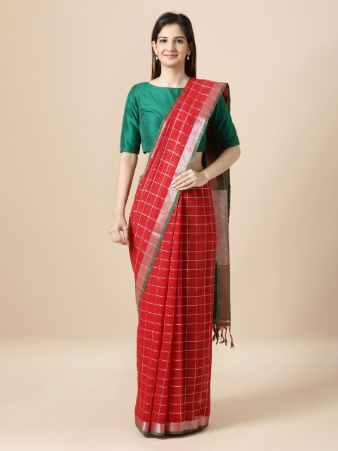 Taneira Red & Green Pure Cotton Checked Mangalagiri Handloom Saree