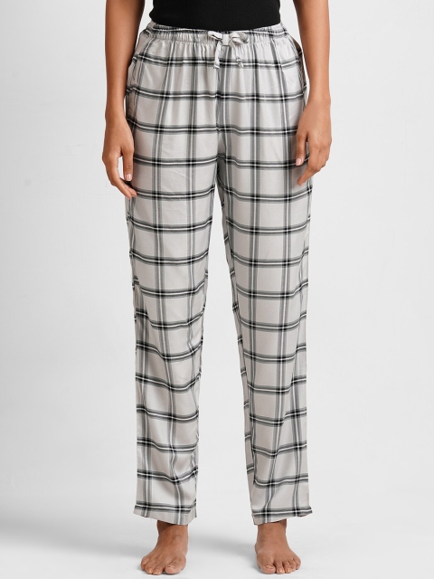 DRAPE IN VOGUE Women Grey & Black Checked Lounge Pants, Off white