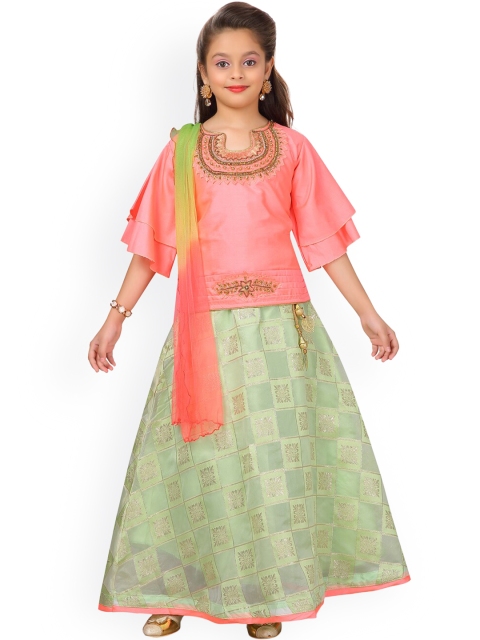 Aarika Girls Peach-Coloured & Green Embroidered Ready to Wear Lehenga & Blouse with Dupatta