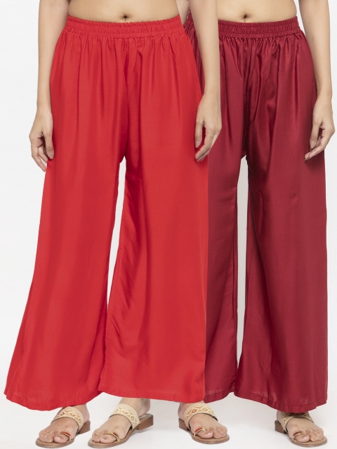 NEUDIS Women Pack Of 2 Red & Maroon Solid Flared Palazzos