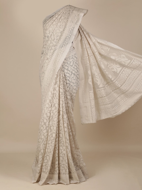 Pothys Grey Printed Jute Silk Saree