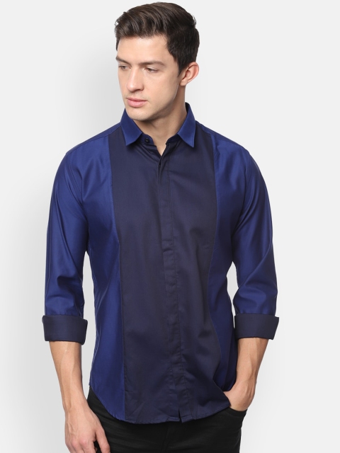 V Dot Men Navy Blue Slim Fit Solid Casual Shirt