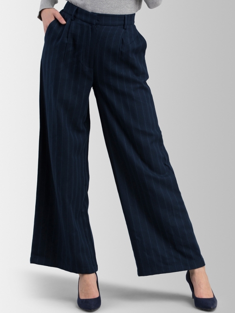 FableStreet Women Navy Blue Flared Striped Parallel Trousers
