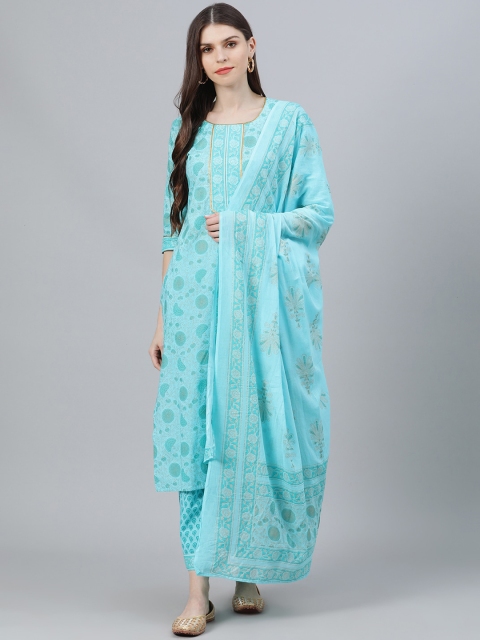Libas Women Blue Printed Kurta with Patiala & Dupatta