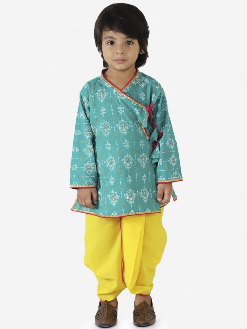 KID1 Boys Green & Yellow Printed Pure Cotton Angrakha Kurti with Dhoti Pants