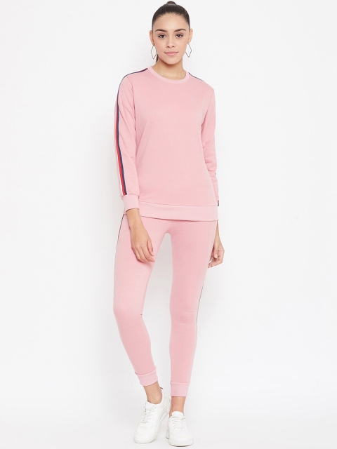 Austin Wood Women Pink Solid Round Neck Tracksuit