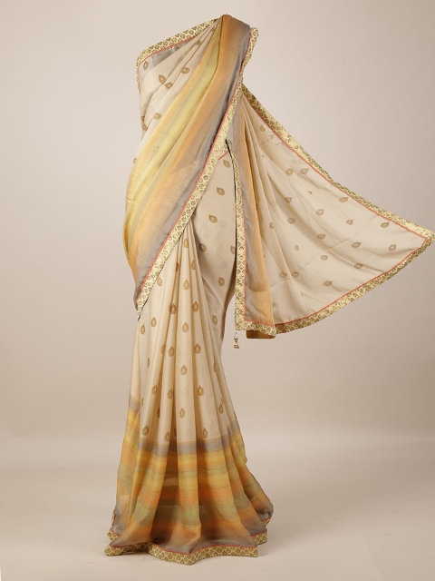 Pothys Cream-Coloured Printed Poly Georgette Saree