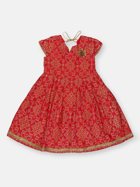 YOUNG BIRDS Girls Red Self Design Fit and Flare Dress