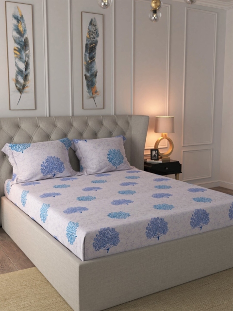 URBAN SPACE Blue Floral 200 TC Cotton 1 Queen Bedsheet with 2 Pillow Covers