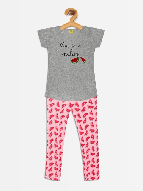 Punkster Girls Grey & Pink Printed Night suit
