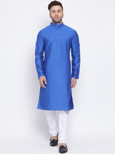 NAMASKAR Men Blue & White Solid Kurta with Churidar