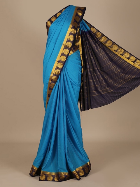 Pothys Blue Solid Poly Crepe Saree