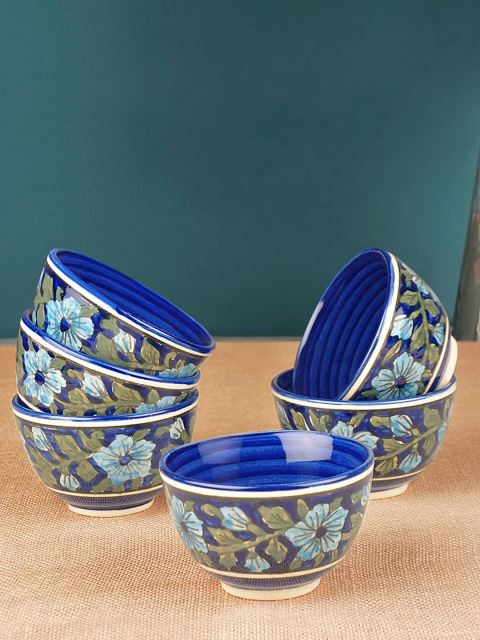 StyleMyWay Set Of 6 Blue & Green Mughal Handpainted Ceramic Serving Bowls