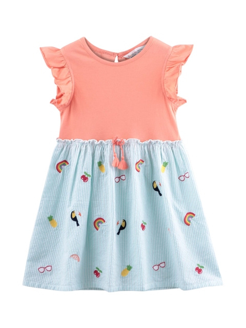 Beebay Girls Orange & Blue Embroidered Fit and Flare Dress