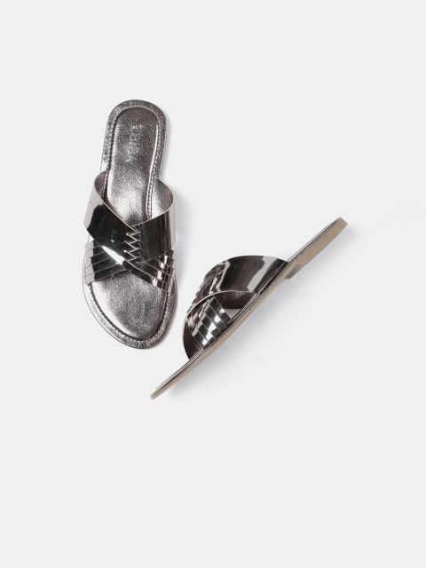 Biba Women Gunmetal-Toned Solid Open Toe Flats, Metallic