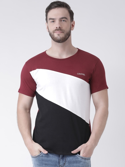 GRIFFEL Men Maroon & White Colourblocked Round Neck T-shirt