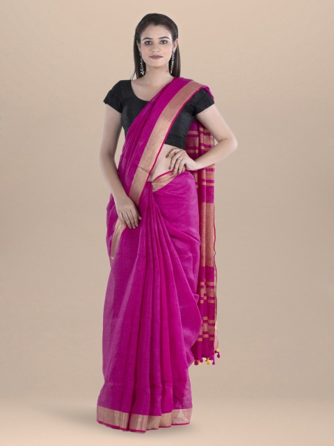 BharatSthali Magenta Solid Pure Linen Bhagalpuri Saree