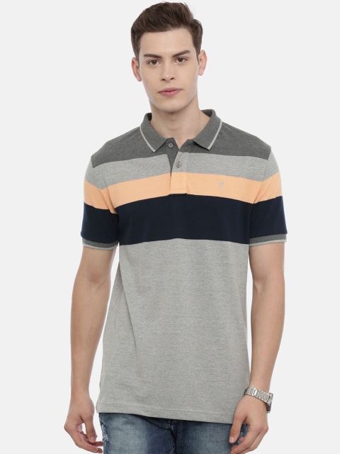 Classic Polo Men Grey Striped Polo Collar T-shirt