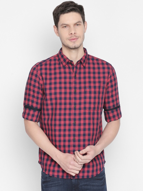 Basics Men Pink & Blue Slim Fit Checked Casual Shirt