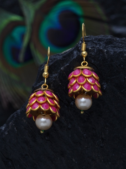 DUGRISTYLE Pink & Gold-Plated Dome Shaped Jhumkas