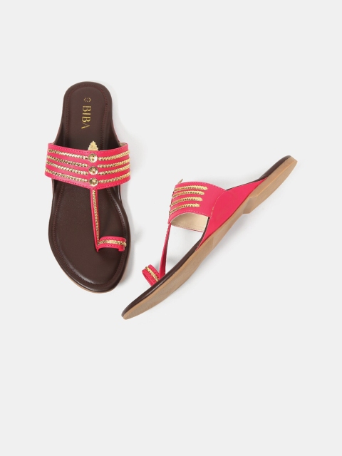 Biba Women Pink Woven Design T-Strap Flats