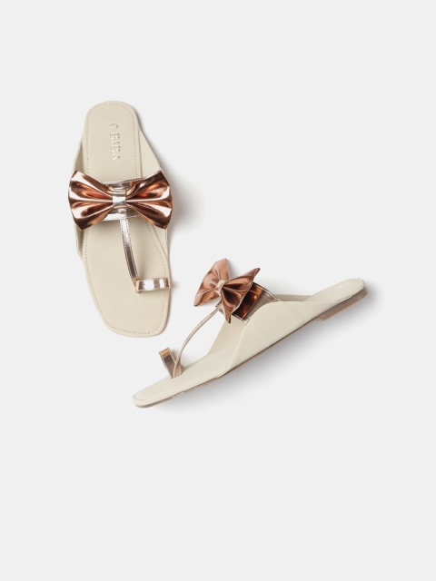 Biba Women Rose Gold Solid T-Strap Flats
