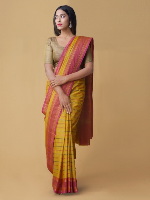 Unnati Silks Yellow & Pink Pure Cotton Checked Saree