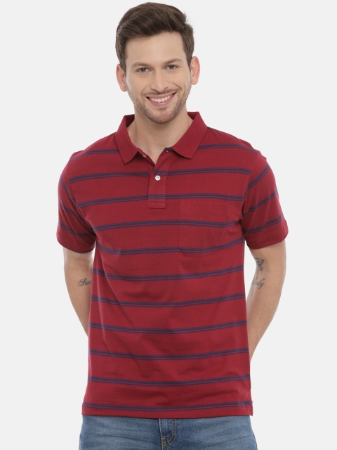 Classic Polo Men Maroon & Blue Striped Polo Collar T-shirt