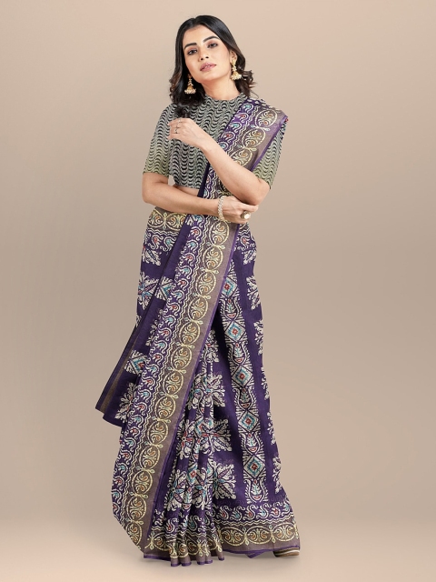 BharatSthali Purple Printed Pure Silk Tussar Sustainable Saree