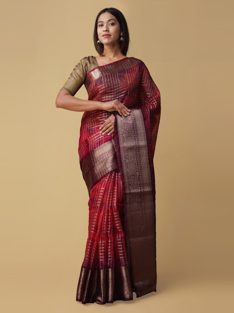 Unnati Silks Red Silk Cotton Checked Banarasi Saree