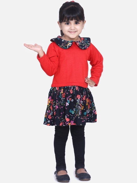 AWW HUNNIE Girls Red & Black Floral Print Drop-Waist Dress