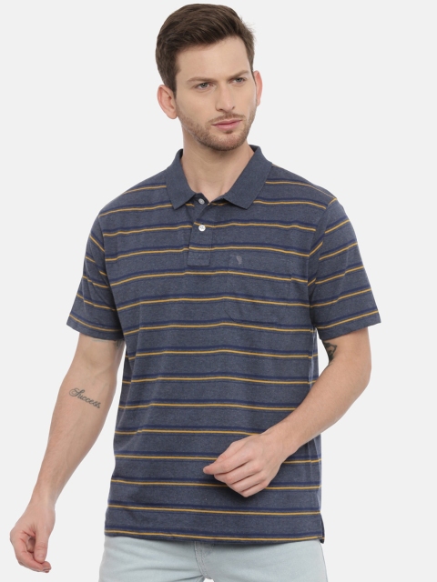 Classic Polo Men Grey & Navy Blue Striped Polo Collar T-shirt