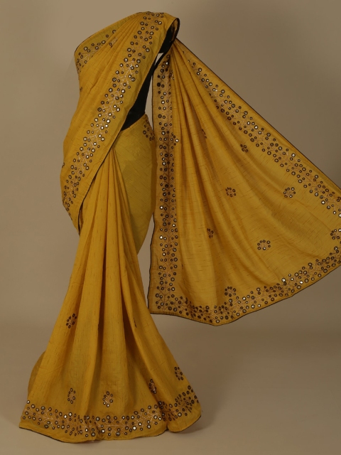 Pothys Mustard Yellow Embroidered Jute Silk Saree