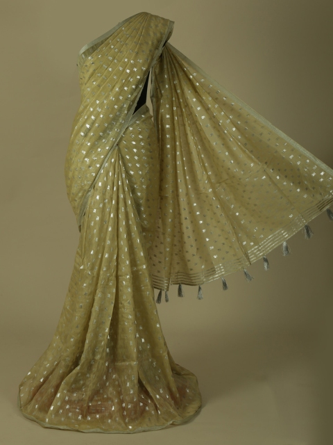 Pothys Green & Silver-Toned Pure Linen Woven Design Saree