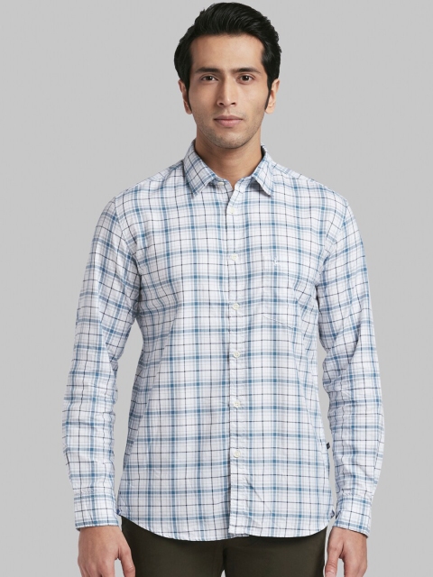 Parx Men White & Blue Slim Fit Checked Casual Shirt
