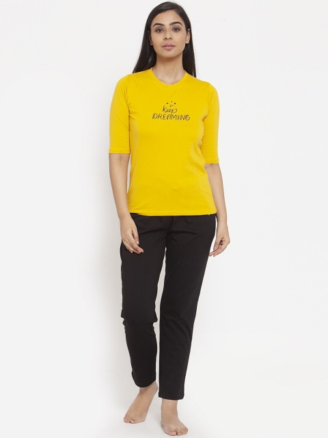 Claura Women Yellow & Black Printed Night Suit