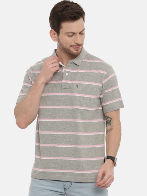 Classic Polo Men Grey & Pink Striped Mandarin Collar T-shirt