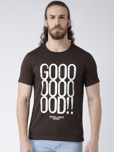 GRIFFEL Men Coffee Brown Printed Round Neck T-shirt