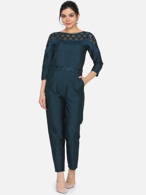 Eavan Women Teal-Blue Self-Design Embroidered Basic Jumpsuit