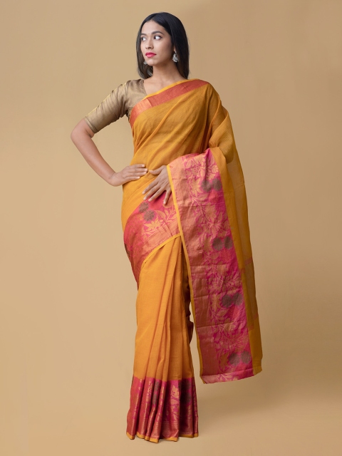 Unnati Silks Orange Silk Cotton Solid Banarasi Saree