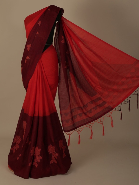 Pothys Orange & Maroon Jute Silk Solid Saree