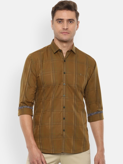 V Dot Men Khaki Slim Fit Checked Casual Shirt