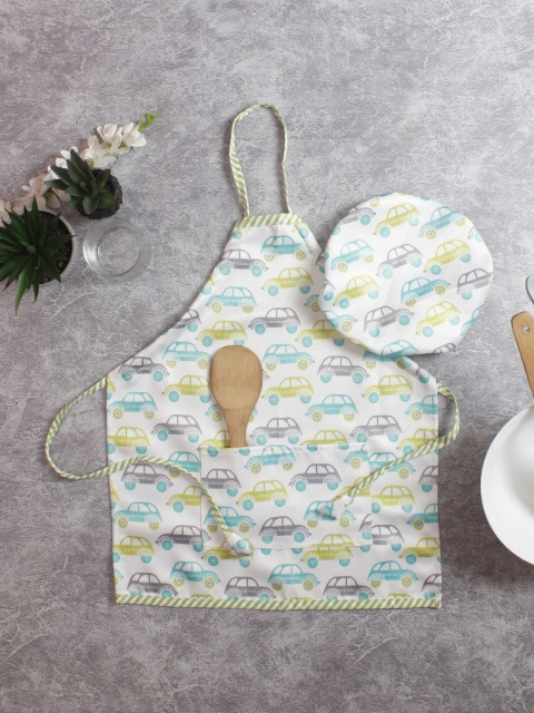 HOUZZCODE Kids Set of 2 Printed Aprons with Caps, Green