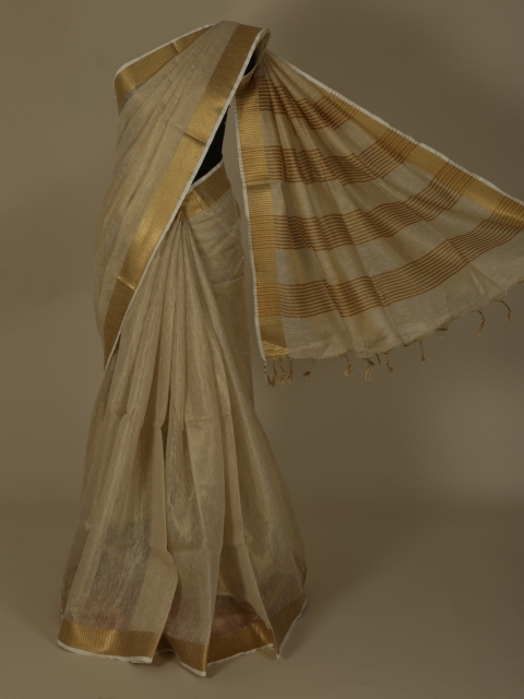 Pothys Cream-Coloured & Gold-Toned Pure Linen Solid Saree