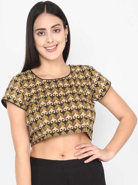 Molcha Women Green & Black Ajrakh Printed Non-Padded Saree Blouse