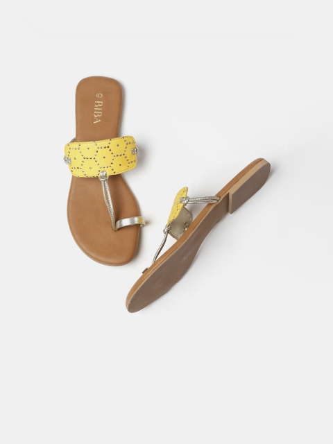 Biba Women Yellow Woven Design Fabric T-Strap Flats