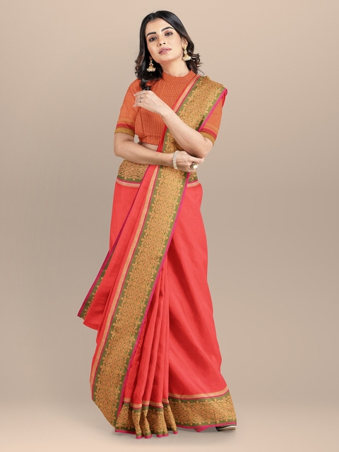 BharatSthali Orange Solid Woven Design Banarasi Saree